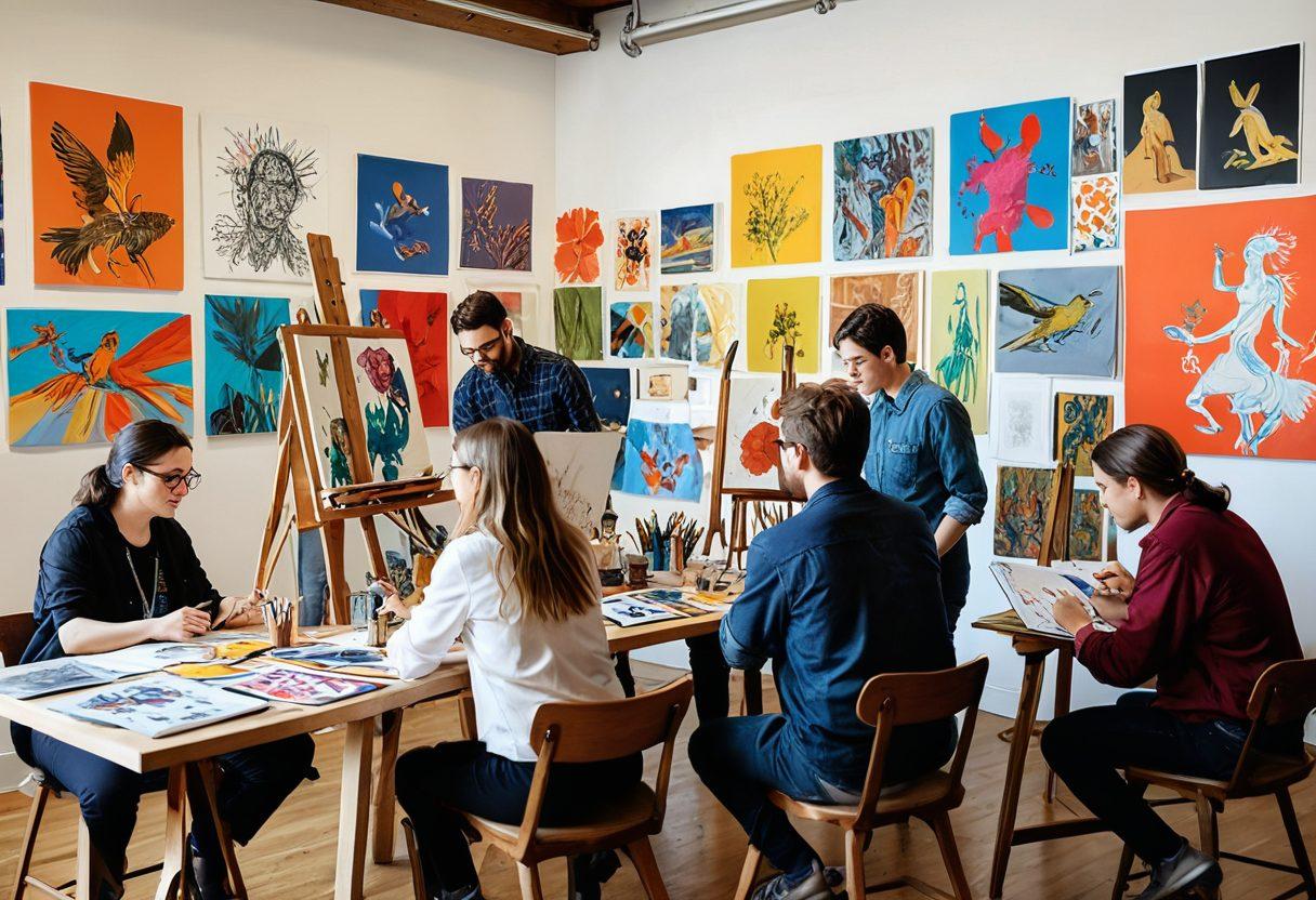 A vibrant collage of diverse artists engaged in creative discussions, surrounded by their colorful artworks. Include an easel, paintbrushes, and sketchbooks, blending various artistic styles like painting, sculpture, and digital art. Capture the energy of collaboration and inspiration within an art studio filled with natural light. super-realistic. vibrant colors. 3D.