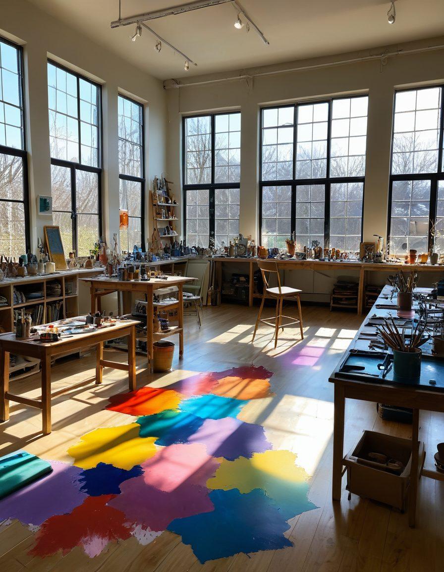 A vibrant workshop filled with diverse artists passionately engaged in various creative techniques, such as painting, sculpting, and digital art. Surrounded by an explosion of colors and materials, the ambiance should convey a sense of inspiration and innovation. Include tools of the trade like paintbrushes, canvases, clay, and digital tablets scattered around. Bright light filters through windows, casting dynamic shadows, symbolizing the unlocking of creativity. colorful and energetic. 3D. vibrant colors.